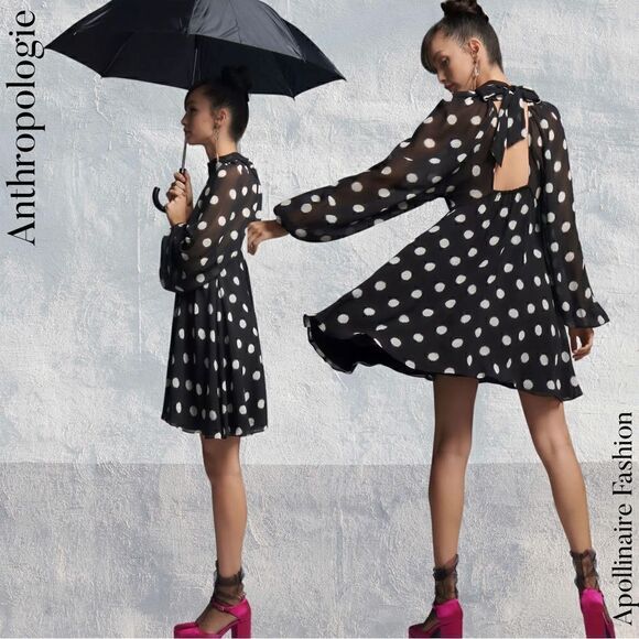 ANTHROPOLOGIE MAEVE POLKA DOT MINI DRESS IN BLACK AND WHITE SIZE XS NWOT - Picture 1 of 9